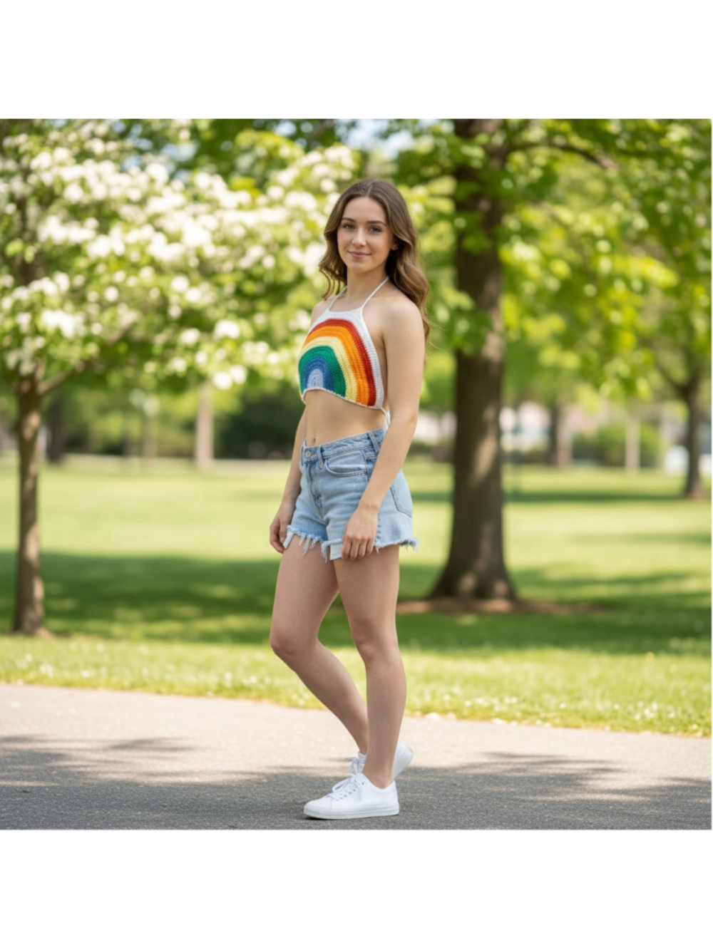 Women's SHEIN Rainbow Crochet Halter Crop Top 0XL White NWOT